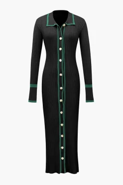MICAS Knitwear|Knit Dresses-Contrast Trim Button Down Knitted Dress