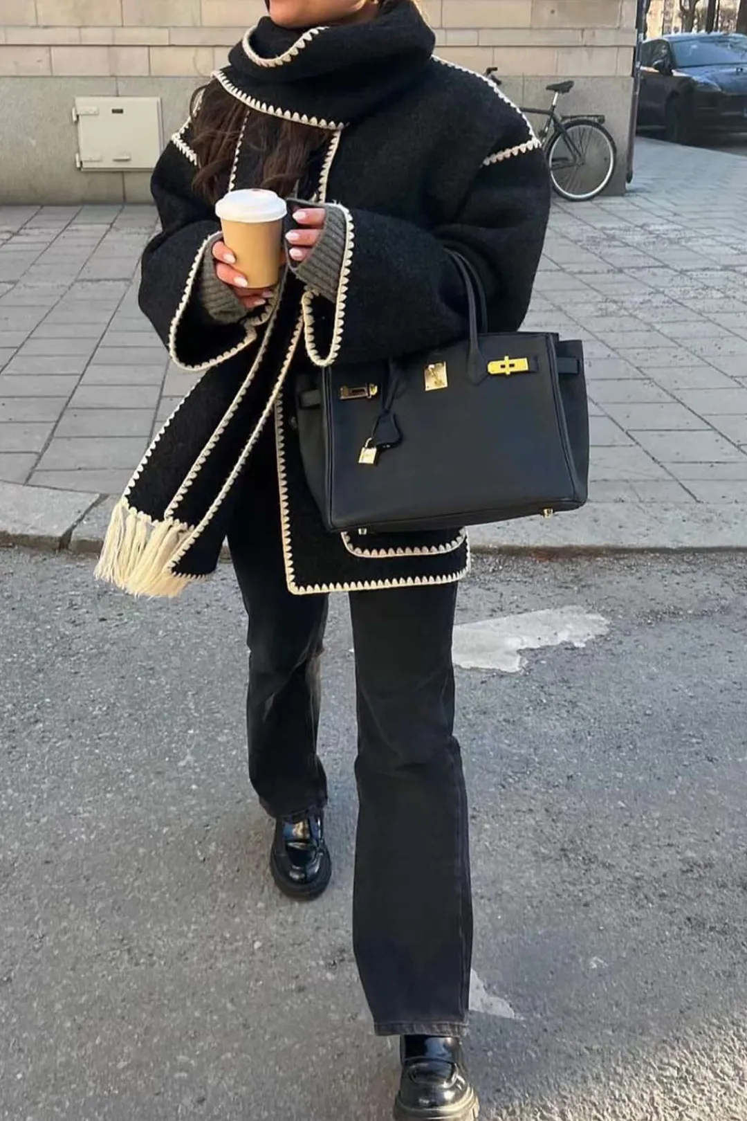 MICAS Outerwear|Outerwear-Contrast Trim Wool-blend Coat With Tassel Scarf