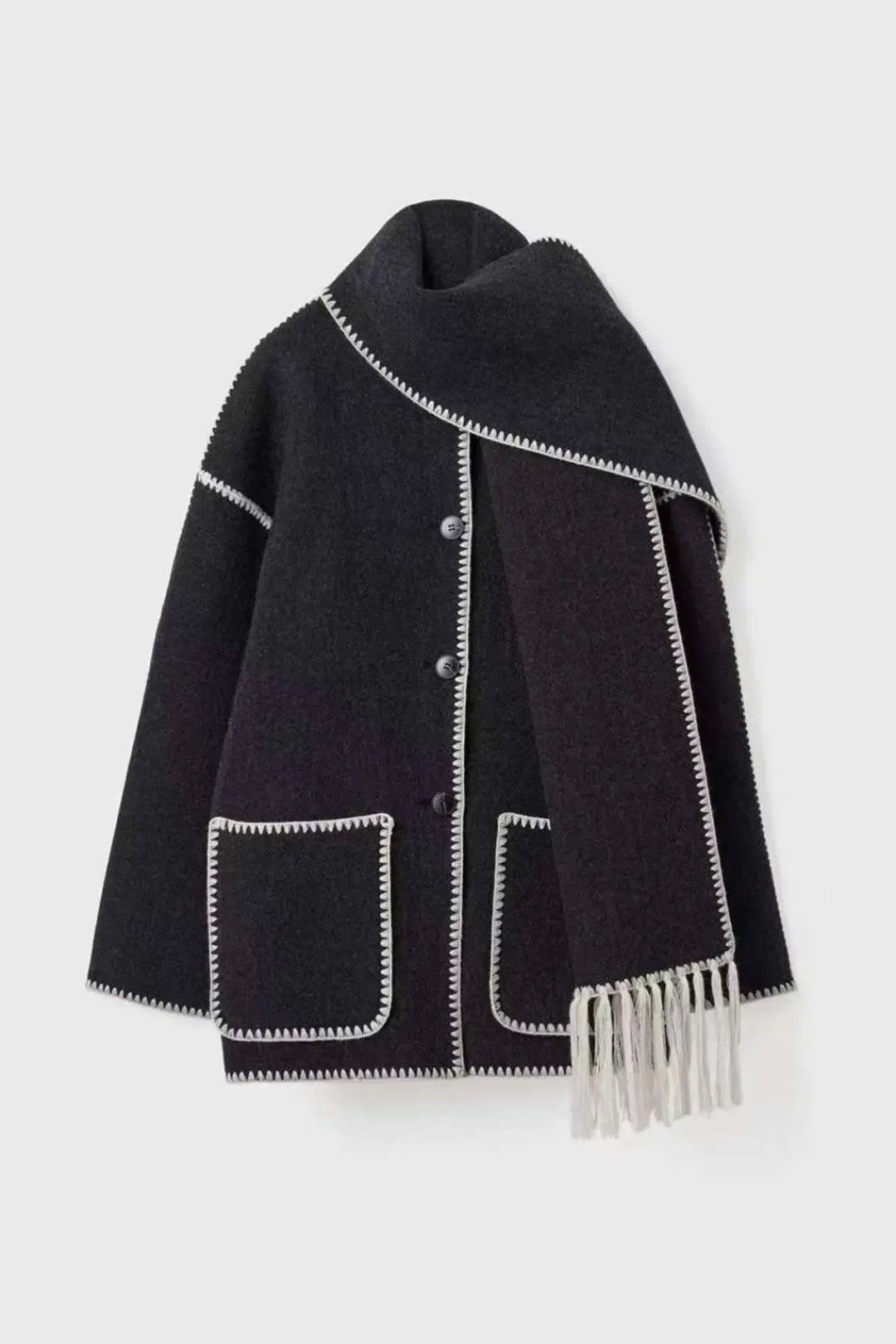 MICAS Outerwear|Outerwear-Contrast Trim Wool-blend Coat With Tassel Scarf