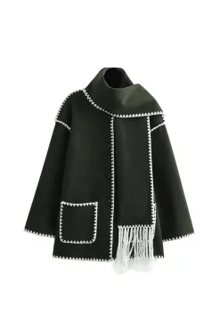 MICAS Outerwear|Outerwear-Contrast Trim Wool-blend Coat With Tassel Scarf