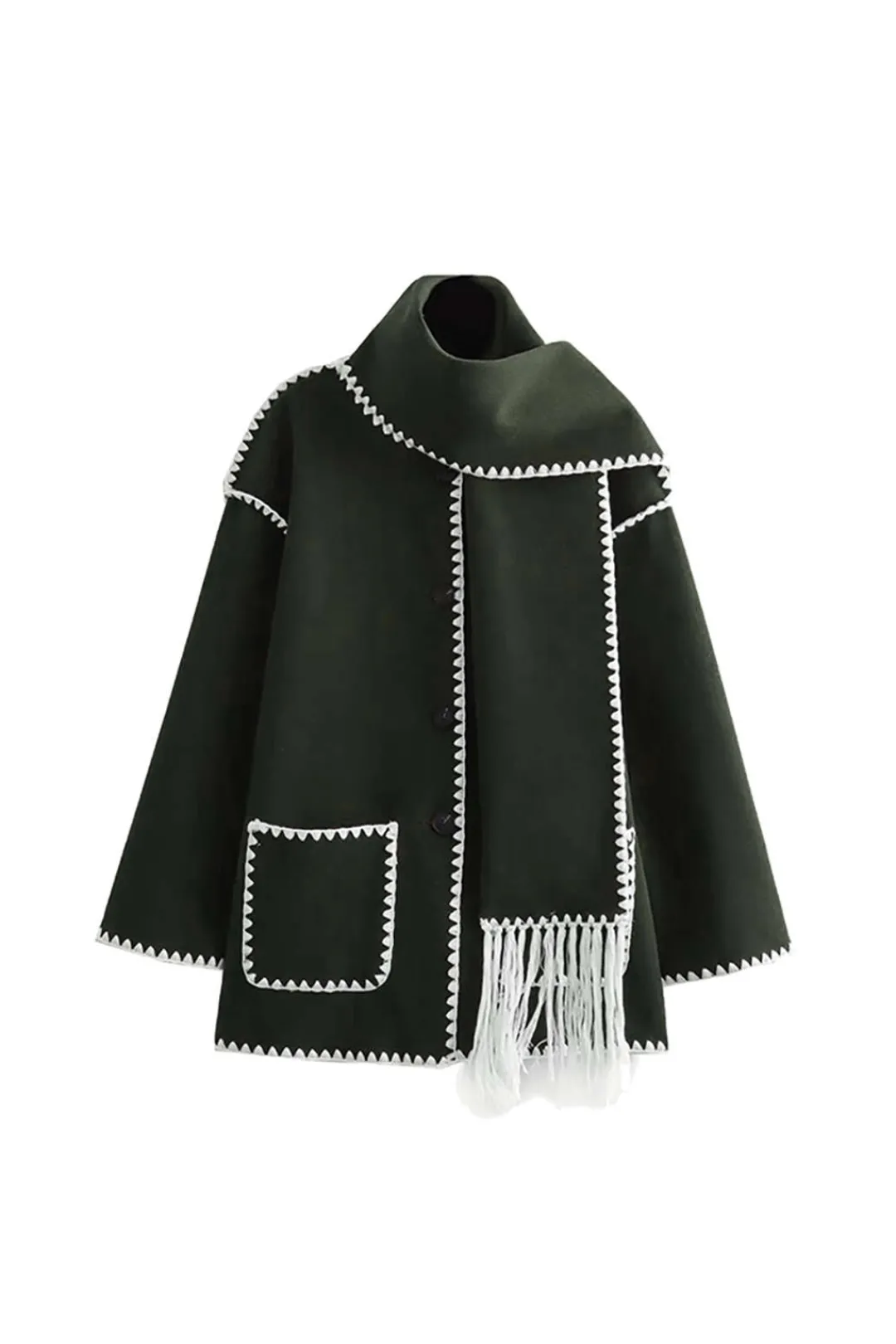 MICAS Outerwear|Outerwear-Contrast Trim Wool-blend Coat With Tassel Scarf