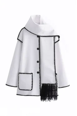 MICAS Outerwear|Outerwear-Contrast Trim Wool-blend Coat With Tassel Scarf
