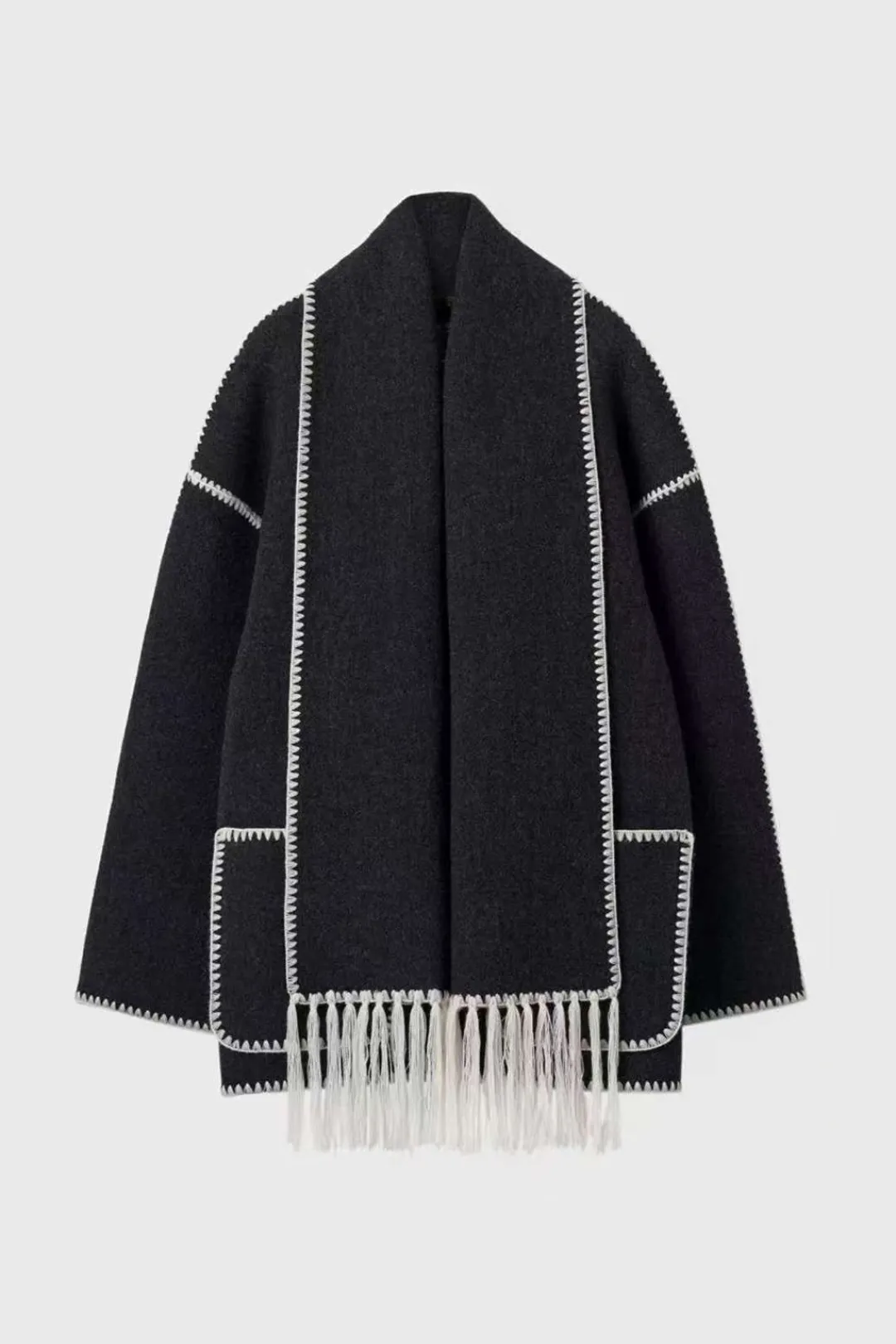MICAS Outerwear|Outerwear-Contrast Trim Wool-blend Coat With Tassel Scarf