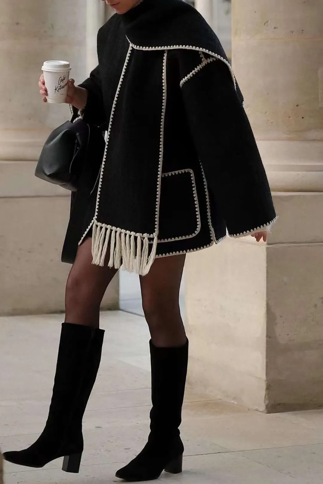 MICAS Outerwear|Outerwear-Contrast Trim Wool-blend Coat With Tassel Scarf