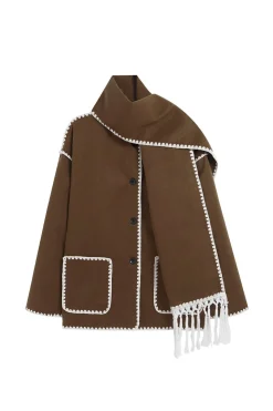 MICAS Outerwear|Outerwear-Contrast Trim Wool-blend Coat With Tassel Scarf