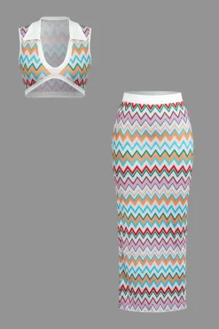 MICAS Skirt Sets|Vacation Sets-Contrast V-neck Crop Knit Tank Top And Split Maxi Skirt Set MULTICOLOR