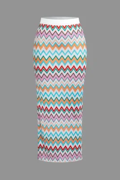 MICAS Skirt Sets|Vacation Sets-Contrast V-neck Crop Knit Tank Top And Split Maxi Skirt Set MULTICOLOR