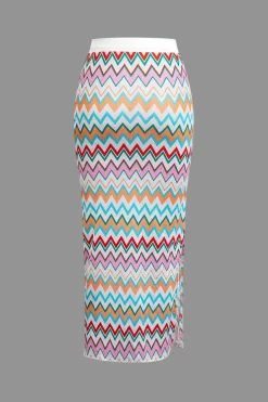 MICAS Skirt Sets|Vacation Sets-Contrast V-neck Crop Knit Tank Top And Split Maxi Skirt Set MULTICOLOR