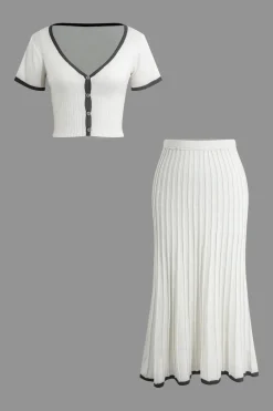 MICAS Knitwear|Vacation Sets-Contrast V-neck Knit Top And Pleated Midi Skirt Set WHITE