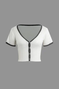 MICAS Knitwear|Vacation Sets-Contrast V-neck Knit Top And Pleated Midi Skirt Set WHITE