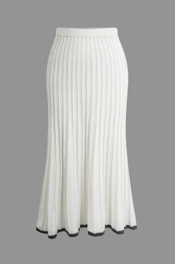 MICAS Knitwear|Vacation Sets-Contrast V-neck Knit Top And Pleated Midi Skirt Set WHITE