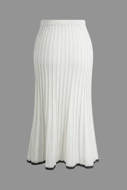 MICAS Knitwear|Vacation Sets-Contrast V-neck Knit Top And Pleated Midi Skirt Set WHITE