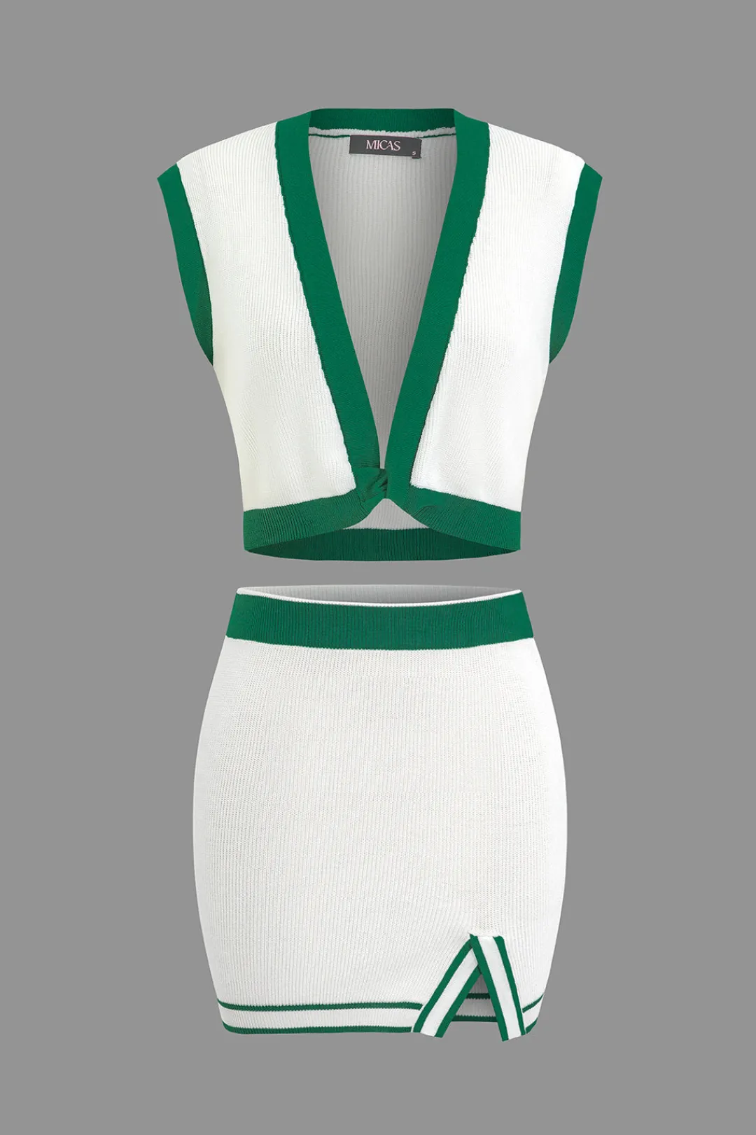 MICAS Vacation Sets|Knit Sets-Contrast V-neck Knit Top And Mini Skirt Set