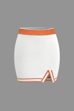 MICAS Vacation Sets|Knit Sets-Contrast V-neck Knit Top And Mini Skirt Set