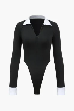 MICAS Bodysuits-Contrast V-neck Long Sleeve Bodysuit BLACK