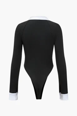 MICAS Bodysuits-Contrast V-neck Long Sleeve Bodysuit BLACK