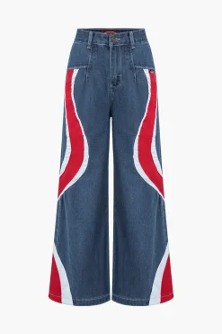 MICAS Jeans-Contrast Wave Pattern Wide Leg Jeans BLUE