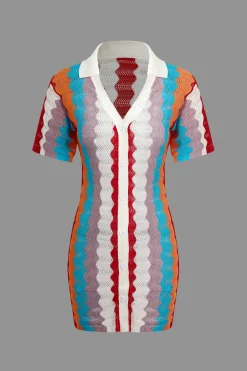 MICAS Knit Dresses-Contrast Wavy Stripe Knit Dress