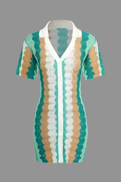 MICAS Knit Dresses-Contrast Wavy Stripe Knit Dress