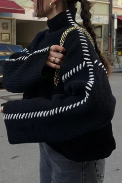 MICAS Knitwear|Knit Tops-Contrast Whipstitching Turtleneck Long Sleeve Sweater BLACK