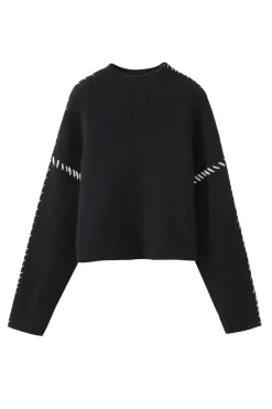 MICAS Knitwear|Knit Tops-Contrast Whipstitching Turtleneck Long Sleeve Sweater BLACK