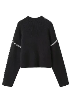 MICAS Knitwear|Knit Tops-Contrast Whipstitching Turtleneck Long Sleeve Sweater BLACK