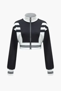 MICAS Pant Sets-Contrast Zipper Collar Cropped Jacket And Trousers Set BLACK