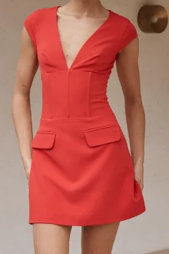 MICAS Mini Dresses-Corset V-Neck Short Sleeve Mini Dress RED