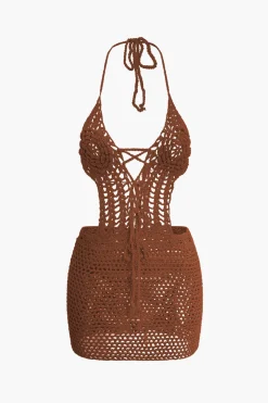 MICAS Vacation Sets|Knit Dresses-Crochet Halter Backless Mini Dress