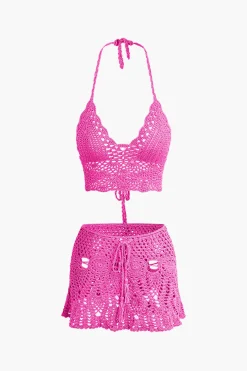 MICAS Knitwear|Vacation Sets-Crochet Halter Knit Cami Top And Mini Skirt Set