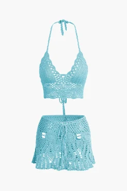 MICAS Knitwear|Vacation Sets-Crochet Halter Knit Cami Top And Mini Skirt Set