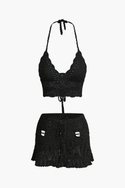 MICAS Knitwear|Vacation Sets-Crochet Halter Knit Cami Top And Mini Skirt Set