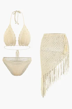 MICAS Swimwear|Vacation Sets-Crochet Halter Neck Bikini Set And Asymmetric Tassel Cover Up Set BEIGE
