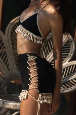 MICAS Knitwear|Knit Bottoms-Crochet Shell Tassel Knit Skirt