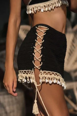 MICAS Knitwear|Knit Bottoms-Crochet Shell Tassel Knit Skirt