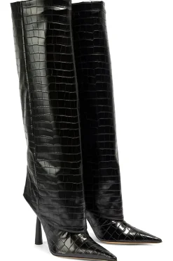 MICAS Shoes|Boots-Crocodile Faux Leather Stiletto Pointed Toe Knee High Boots