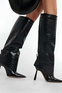 MICAS Shoes|Boots-Crocodile Faux Leather Stiletto Pointed Toe Knee High Boots