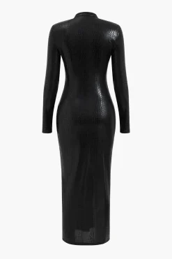 MICAS Long Sleeve Dresses|Maxi Dresses-Crocodile Faux Leather Zipper V-Neck Maxi Dress BLACK