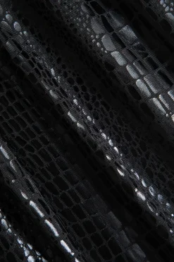 MICAS Long Sleeve Dresses|Maxi Dresses-Crocodile Faux Leather Zipper V-Neck Maxi Dress BLACK