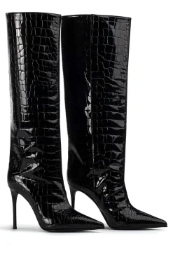 MICAS Shoes|Boots-Crocodile Leather High Tube Pointed Toe Over The Knee Boots BLACK