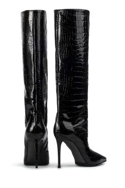 MICAS Shoes|Boots-Crocodile Leather High Tube Pointed Toe Over The Knee Boots BLACK