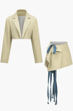 MICAS Skirt Sets|Blazers-Crop Blazer And Asymmetrical Tie-Wrap Skirt Set BEIGE