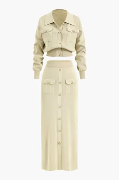 MICAS Knitwear|Knit Sets-Cropped Button-Up Knit Top And Maxi Skirt Set