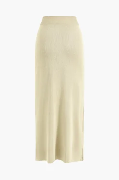 MICAS Knitwear|Knit Sets-Cropped Button-Up Knit Top And Maxi Skirt Set