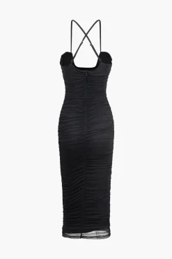 MICAS Maxi Dresses-Cross Strap Mesh Ruched Midi Dress BLACK