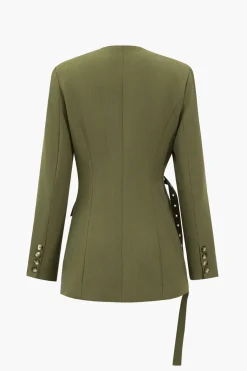 MICAS Outerwear|Outerwear-Crossed Button Pocket Belted Blazer OLIVE