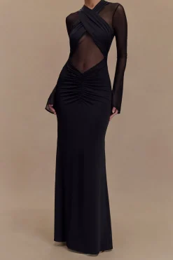 MICAS Long Sleeve Dresses|Maxi Dresses-Crossed Mesh Sheer V-Neck Long Sleeve Maxi Dress BLACK