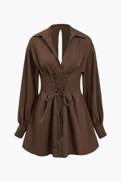 MICAS Mini Dresses|Long Sleeve Dresses-Cut Out Lace Up Long Sleeve Mini Dress BROWN