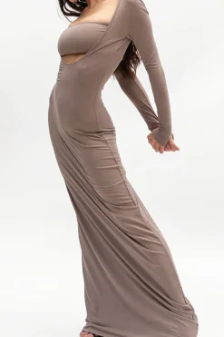 MICAS Long Sleeve Dresses|Maxi Dresses-Cut Out Long Sleeve Maxi Dress KHAKI