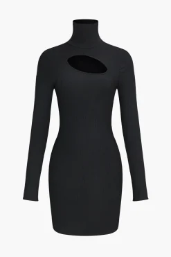 MICAS Long Sleeve Dresses|Mini Dresses-Cut Out Long Sleeve Turtleneck Mini Dress BLACK